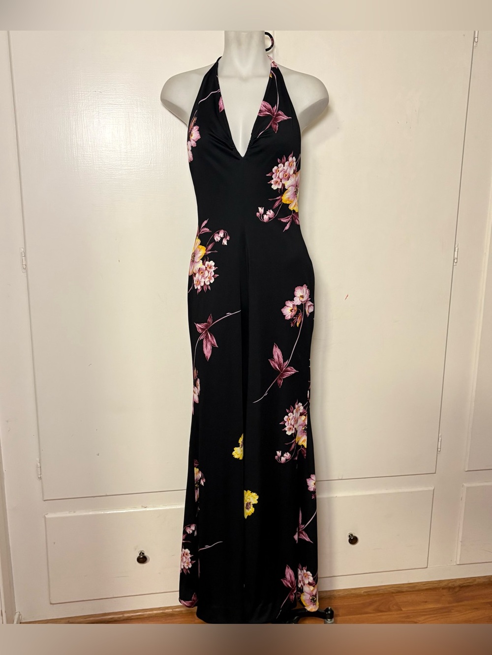 Vintage 70s Black Purple Floral Wide Leg Flare Halter Jumpsuit